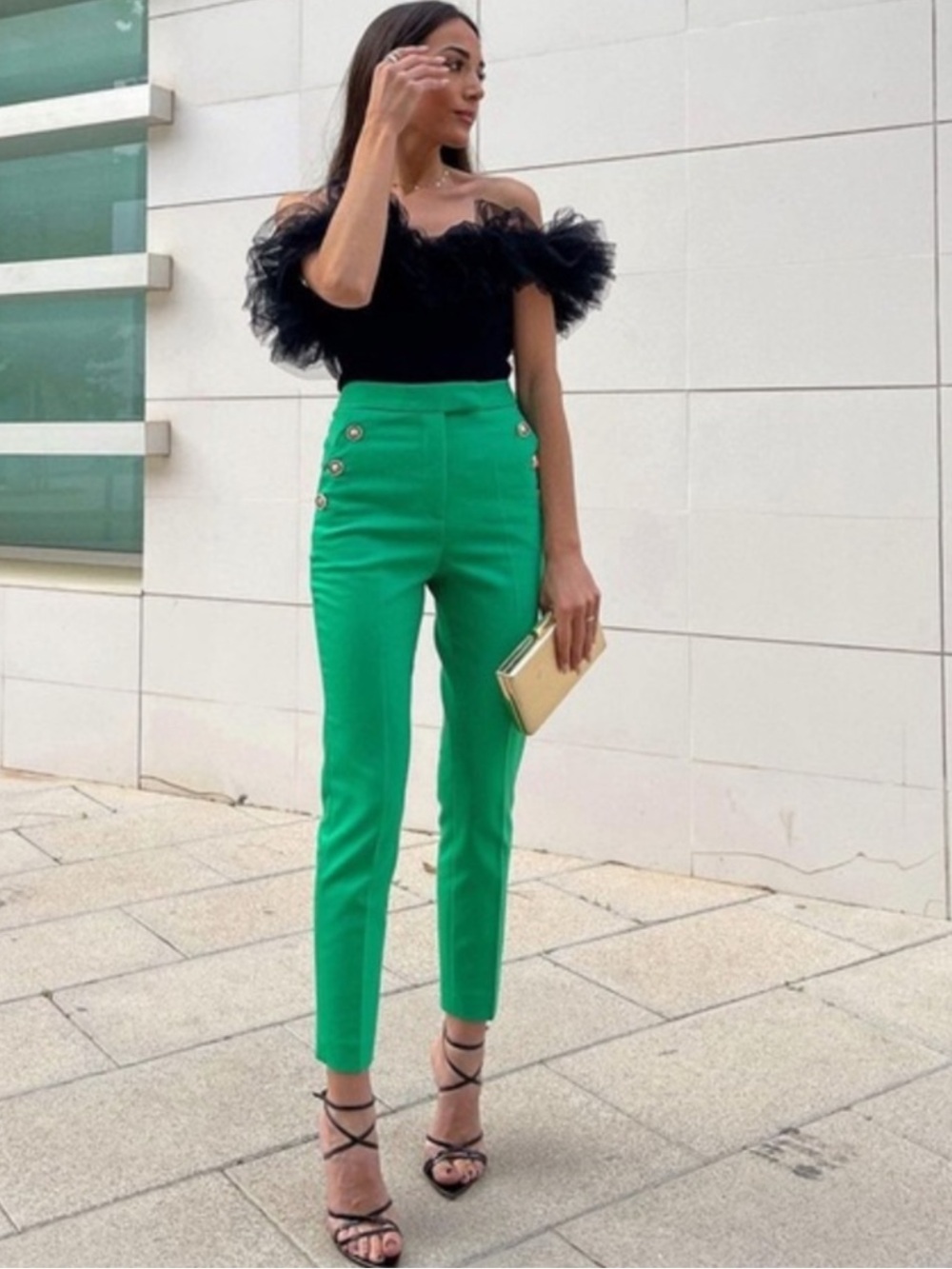 ZARA Emerald Green High-Waist Trousers with Gold Buttons Size Small NWT